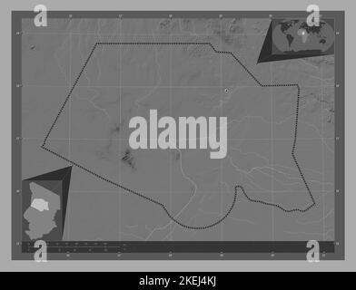Borkou, Region des Tschad. Bilevel-Höhenkarte mit Seen und Flüssen. Standorte der wichtigsten Städte der Region. Karten für zusätzliche Eckposition Stockfoto