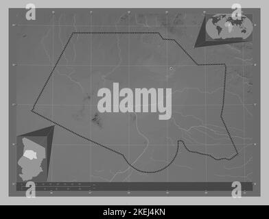 Borkou, Region des Tschad. Höhenkarte in Graustufen mit Seen und Flüssen. Standorte der wichtigsten Städte der Region. Karten für zusätzliche Eckposition Stockfoto