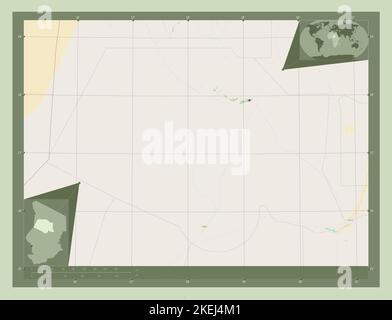 Borkou, Region des Tschad. Öffnen Sie Die Straßenkarte. Standorte der wichtigsten Städte der Region. Karten für zusätzliche Eckposition Stockfoto
