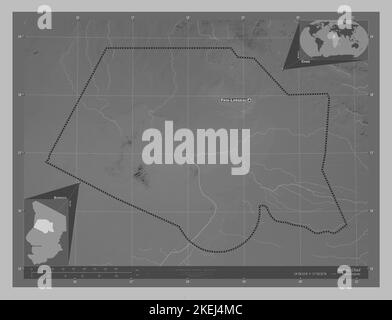Borkou, Region des Tschad. Höhenkarte in Graustufen mit Seen und Flüssen. Orte und Namen der wichtigsten Städte der Region. Ecke Zusatzposition ma Stockfoto