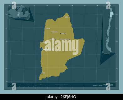 Antofagasta, Region von Chile. Einfarbige Form. Orte und Namen der wichtigsten Städte der Region. Karten für zusätzliche Eckposition Stockfoto