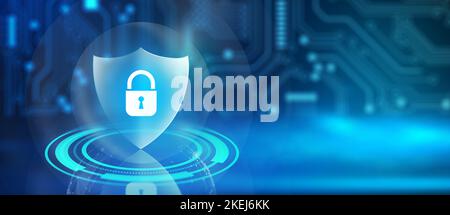 Schild mit Vorhängeschloss-Symbol auf Leiterplatte und Netzwerkdrahtrahmen mit Binärcode auf blauem Hintergrund, abstrakt. Cyber-Angriffsblock, Cyber-Daten.