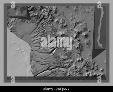 Arica y Parinacota, Region von Chile. Bilevel-Höhenkarte mit Seen und Flüssen. Standorte der wichtigsten Städte der Region. Ecke Zusatzposition m Stockfoto