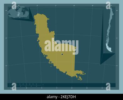 Magallanes y Antartica Chilena, Region Chile. Einfarbige Form. Standorte der wichtigsten Städte der Region. Karten für zusätzliche Eckposition Stockfoto