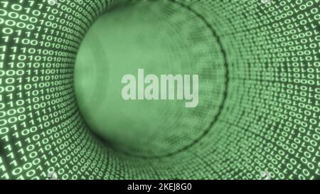Grüner Tunnel aus Nullen und Einsen Virtueller Raum Binärcode 3D Render Stockfoto