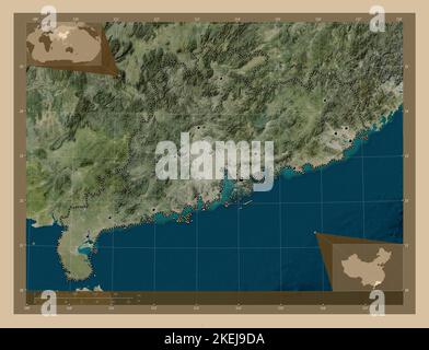 Guangdong, Provinz China. Satellitenkarte mit niedriger Auflösung. Standorte der wichtigsten Städte der Region. Karten für zusätzliche Eckposition Stockfoto