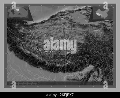 Xizang, autonome Region Chinas. Bilevel-Höhenkarte mit Seen und Flüssen. Karten für zusätzliche Eckposition Stockfoto