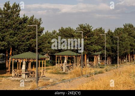 Offener Holzpavillon im Hintergrund der Sommerlandschaft. Kamin Grillbank. Stockfoto