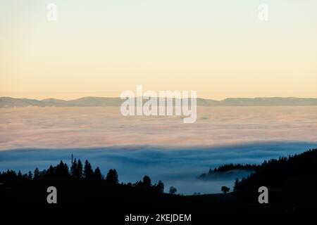 Freiburg, Deutschland. 13.. November 2022. Nebel liegt im Rheintal, während die französischen Vogesen am Horizont sichtbar sind. Eine Inversionssituation führt heute zu tief liegendem Nebel über dem Rheintal. Quelle: Philipp von Ditfurth/dpa/Alamy Live News Stockfoto