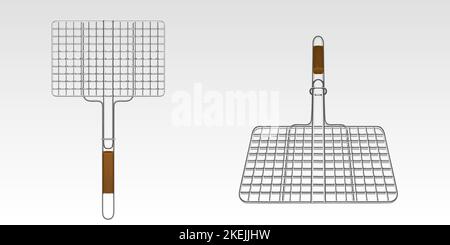 BBQ-Gitter, Grillkorb mit Holzgriff in der oberen und perspektivischen Ansicht. Stahlrost zum Grillen von Fleisch, Kochen von Grill, Steaks und Würstchen auf Feuer, V Stock Vektor