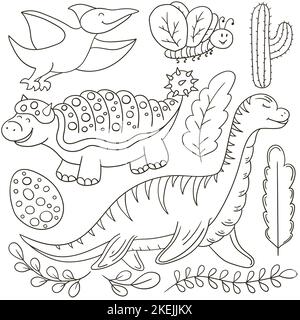 Dinosaurier der Jurassic Periode. Satz von Vektorgrafiken. Ausmalungsplakat für Dinosaurier-Liebhaber. Sammlung von Symbolen, Pins, Aufkleber Stock Vektor