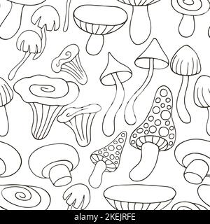 Herbststimmung mit Pilzen. Abbildung im Handzeichnen-Stil. Nahtloses Muster mit Waldpilzen. Kann für Stoff, Verpackung, Verpackung usw. verwendet werden Stock Vektor