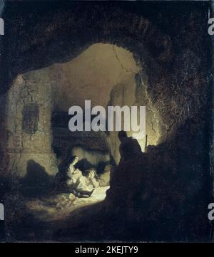 Rembrandt van Rijn, ruhende Reisende, (Rest on the Flight into Egypt), Ölgemälde auf Tafel, 1629-1630 Stockfoto