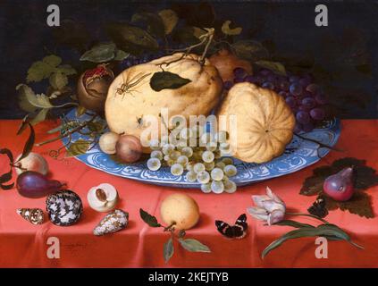 Balthasar van der Ast Gemälde, Fruchtstillleben mit Muscheln und Tulpe, Öl auf Tafel, 1620 Stockfoto