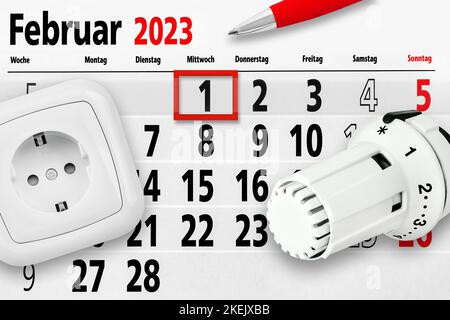 Deutscher Kalender 2023. Februar 1 Energie und Woche Montag Dienstag Mittwoch Donnerstag Freitag Samstag Sonntag Stockfoto