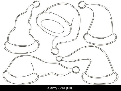 Santa Claus Hut Coloring Bundle. Sammlung von Weihnachtsmann Hüte in handgezeichneten Stil. Satz von Vektorgrafiken für Ihr Design. Schild, Stift Stock Vektor