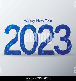 Happy New Year 2023 Vektor-Vorlage mit blauer Zahl mit funkelnden Partikeln Sternenstaub isoliert auf weiß mit grauem Hintergrund. Quadratisches Design für Stock Vektor