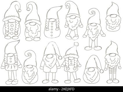 Coloring Vector Bundle. Große Sammlung von Zwergen auf Weihnachtsmann Hüte in handgezeichneten Stil. Satz von Vektorgrafiken für Ihr Design. Schild, Aufkleber Stock Vektor
