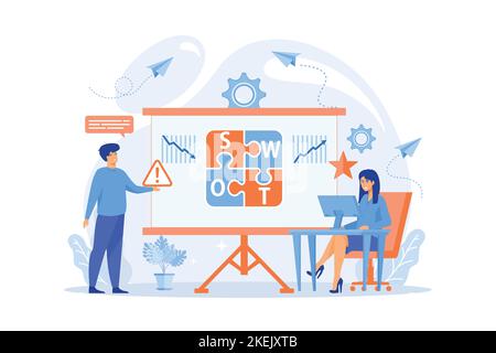 SWOT-Analyse-Team arbeitet an einer Liste Ihrer Chancen, Strategieentwicklung und Überwachung. SWOT-Analyse und Matrix, strategisches Planungskonzept. Flat vect Stock Vektor