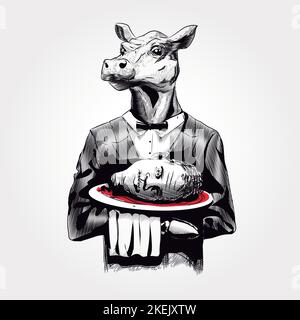 Lustiges Bild mit etwas schwarzem Humor, wo wir eine Kellnerin Kuh sehen, die einen menschlichen Kopf serviert, ideal, um es unseren vegetarischen oder veganen Freunden zu geben, Stock Vektor