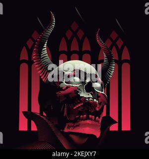 Teufel Schädel Vektorbild, Dämon Gesicht auf Kirche Hintergrund Stock Vektor