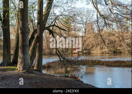 Waterfront Park Abackarna entlang des Motala Flusses im November in Norrkoping, Schweden Stockfoto