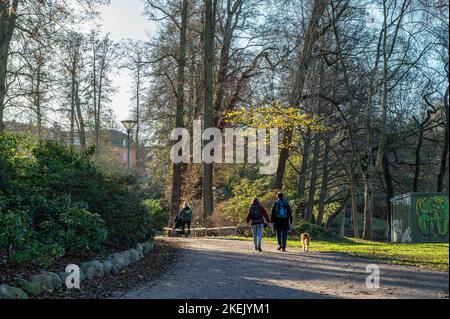 Waterfront Park Abackarna entlang des Motala Flusses im November in Norrkoping, Schweden Stockfoto