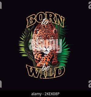 Bild von Jaguar im Dschungel. Wilder starrender Leopard. Born to Be Wild. Illustration von vielen Farben. gepard im Dschungel Stock Vektor