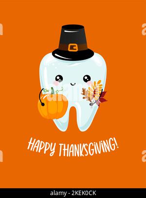 Happy Thanksgiving - Familiencharakterdesign mit Zahn im Kawaii-Stil. Handgezeichnete Zahnfee mit witzigem Zitat. Gut für Schulpräventionsplakate, greeti Stock Vektor