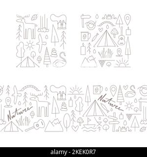 Zeilensymbole über Natur, Camp für Design, Karten, Magazine, Merchandising. Nahtloser Rahmen mit linearen Illustrationen. Stock Vektor