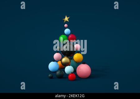 Weihnachtsbaum aus Kugeln, 3D Render für das neue Jahr Stockfoto