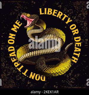 Flagge des Liberalismus. Schlange. Freiheit oder Tod. Gadsden-Alarmmeldung. Cascabel. Gelbe Schlange. Schlangenvektor. Snake Art Tattoo Stock Vektor