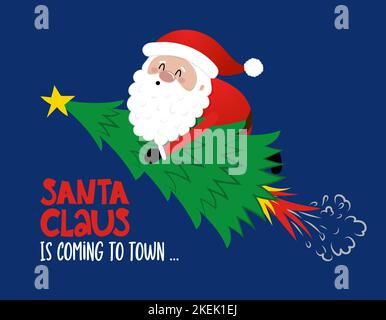Santa fährt einen Schlitten mit Rentieren und einem trex-Dinosaurier. Frohe Weihnachten, Weihnachten und glückliches neues Jahr lustiges Konzept. Cartoon-Vektorgrafik. Santa Cl Stock Vektor