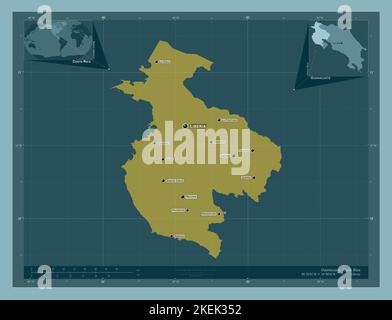 Guanacaste, Provinz Costa Rica. Einfarbige Form. Orte und Namen der wichtigsten Städte der Region. Karten für zusätzliche Eckposition Stockfoto