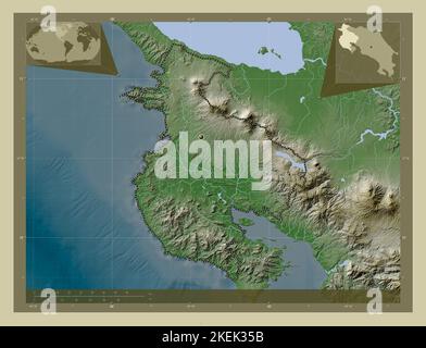 Guanacaste, Provinz Costa Rica. Höhenkarte im Wiki-Stil mit Seen und Flüssen. Karten für zusätzliche Eckposition Stockfoto