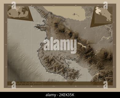 Guanacaste, Provinz Costa Rica. Höhenkarte in Sepia-Tönen mit Seen und Flüssen. Karten für zusätzliche Eckposition Stockfoto