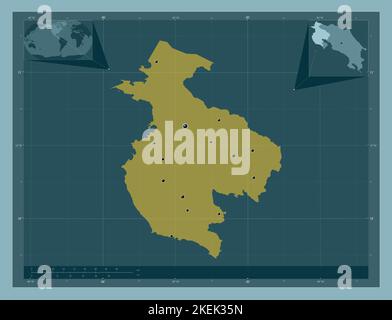 Guanacaste, Provinz Costa Rica. Einfarbige Form. Standorte der wichtigsten Städte der Region. Karten für zusätzliche Eckposition Stockfoto