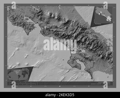 Puntarenas, Provinz Costa Rica. Bilevel-Höhenkarte mit Seen und Flüssen. Orte und Namen der wichtigsten Städte der Region. Ecke Zusatzl Stockfoto
