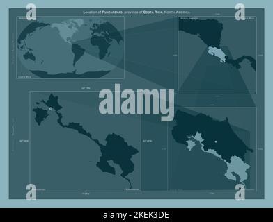 Puntarenas, Provinz Costa Rica. Diagramm, das die Position der Region auf größeren Karten zeigt. Komposition von Vektorrahmen und PNG-Formen auf einem Stockfoto
