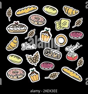 Eine Sammlung von Backwaren- und Gebäckaufklebern, handgezeichneten Kritzelementen im Sketch-Stil. Verschiedene Brotsorten, Croissant, Baguette, Scones, Muffin, mu Stock Vektor