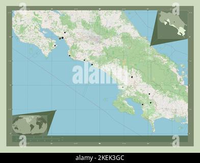 Puntarenas, Provinz Costa Rica. Öffnen Sie Die Straßenkarte. Standorte der wichtigsten Städte der Region. Karten für zusätzliche Eckposition Stockfoto