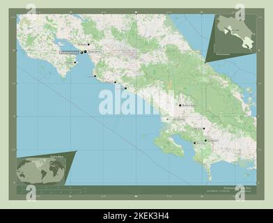 Puntarenas, Provinz Costa Rica. Öffnen Sie Die Straßenkarte. Orte und Namen der wichtigsten Städte der Region. Karten für zusätzliche Eckposition Stockfoto
