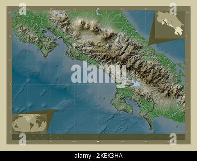 Puntarenas, Provinz Costa Rica. Höhenkarte im Wiki-Stil mit Seen und Flüssen. Standorte der wichtigsten Städte der Region. Eckhilfsstoffe Stockfoto