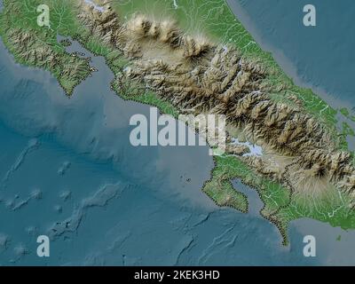Puntarenas, Provinz Costa Rica. Höhenkarte im Wiki-Stil mit Seen und Flüssen Stockfoto