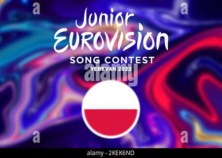 Junior Eurovision 2022, Armenisch Junior Eurovision in Jerewan, Teilnehmer aus Polen Hintergrund Eurovision mit Polen Flagge. Stockfoto