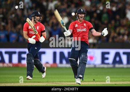Ben Stokes, Englands, feiert den Sieg beim Weltcup-Finale T20 auf dem Melbourne Cricket Ground, Melbourne. Bilddatum: Sonntag, 13. November 2022. Stockfoto