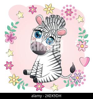 Niedliche Cartoon Zebra sitzt in Blumen. Kindisch gestreifter Charakter, afrikanische Tiere. Stock Vektor