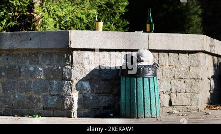 Auf der Straße, Bürgersteig, ist Abfalleimer , nach oben mit Müll gefüllt, Müll. Daneben sind Kunststoff-Kaffeetassen, Glasflasche Alkohol verwendet. Ökologie, Verschmutzung der Umwelt. Hochwertige Fotos Stockfoto