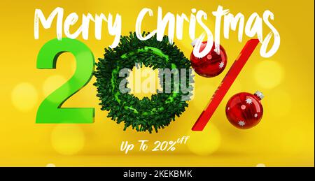 Weihnachtsangebot 20 % Rabatt, Weihnachtsangebot. Werbeplakat für den Laden. Rabatte bis zu 20 Prozent. , 3D Illustration und 3D Arbeit Stockfoto