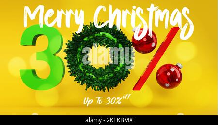 Weihnachtsangebot 30 % Rabatt, Weihnachtsangebot. Werbeplakat für den Laden. Rabatte bis zu 30 Prozent. , 3D Illustration und 3D Arbeit Stockfoto